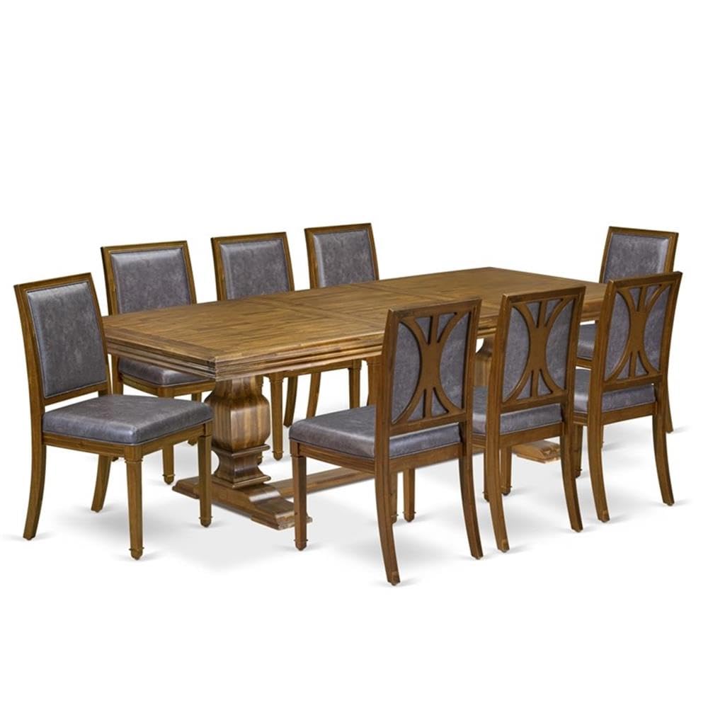 9-Piece Acacia Wood Dining Table Set with 8 Dark Grey PU Leather Chairs C154481
