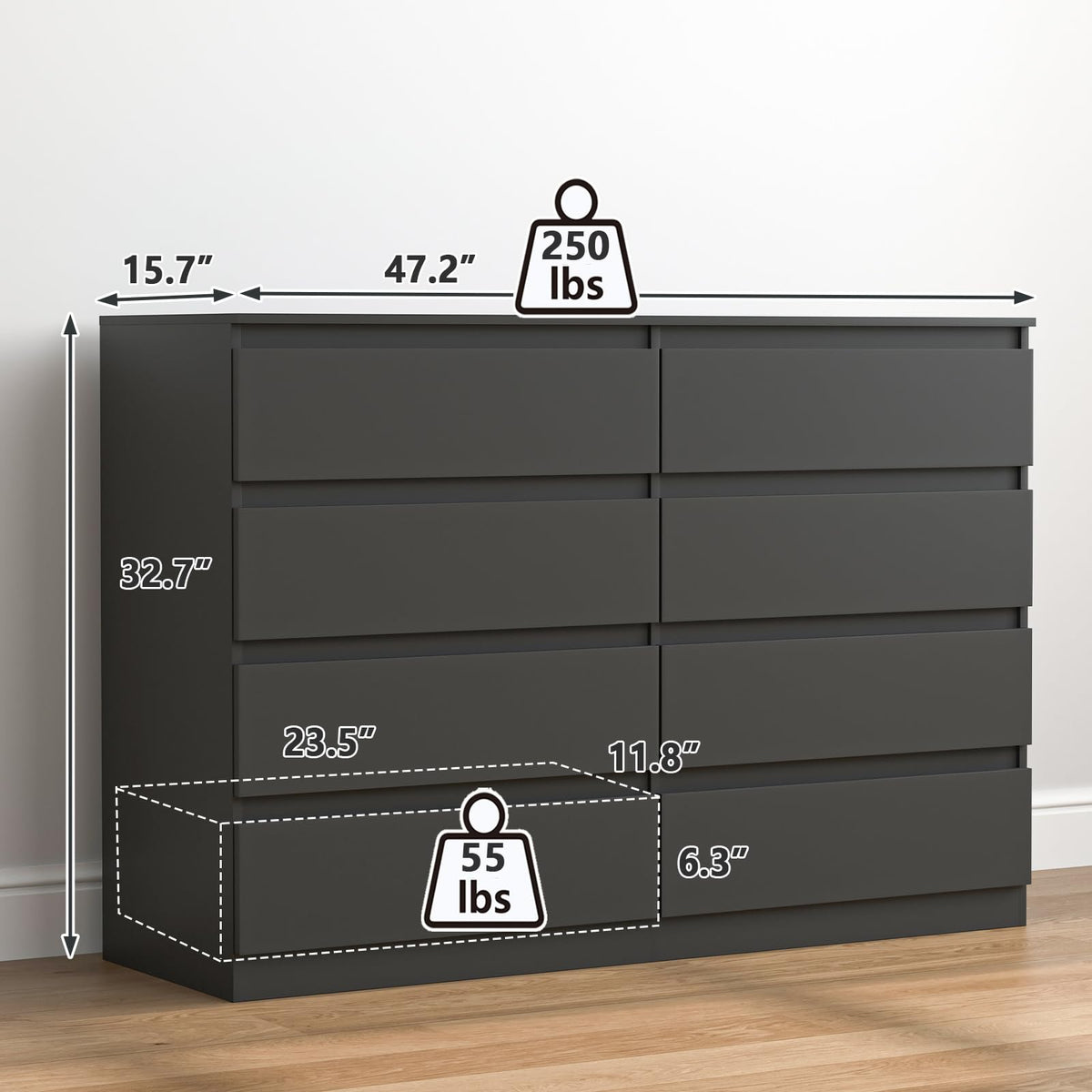 Black 8 Drawer Double Dresser L9728