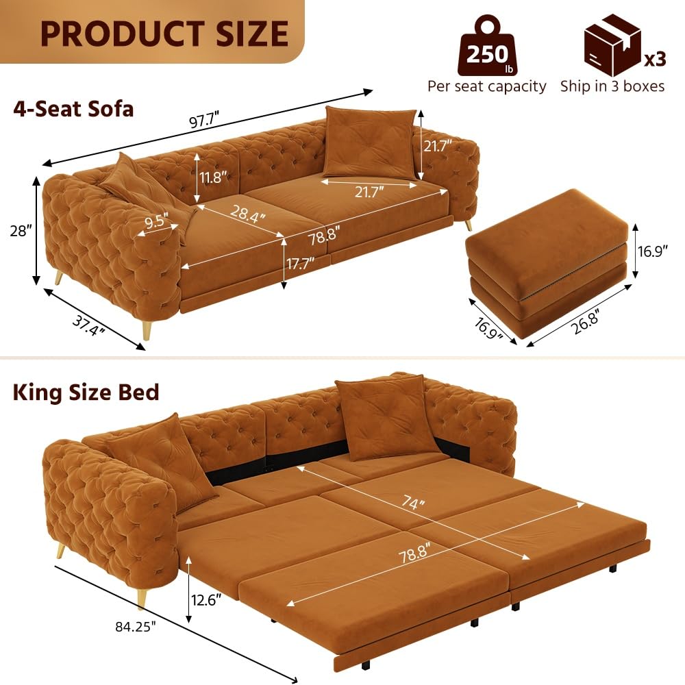 97.7" 3-in-1 Convertible Sleeper Sofa, Tufted Velvet Pull-Out Sofa Bed with Ottoman W580
