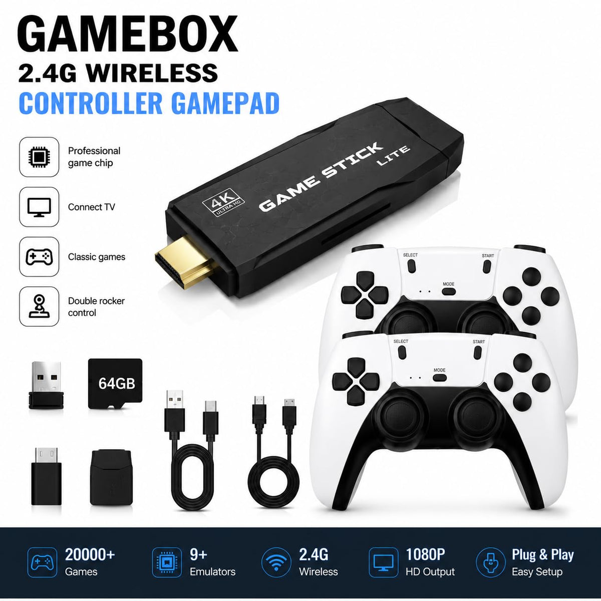 Wireless Retro Game Console 4K HDMI Stick with 2 Wireless Controllers L9489