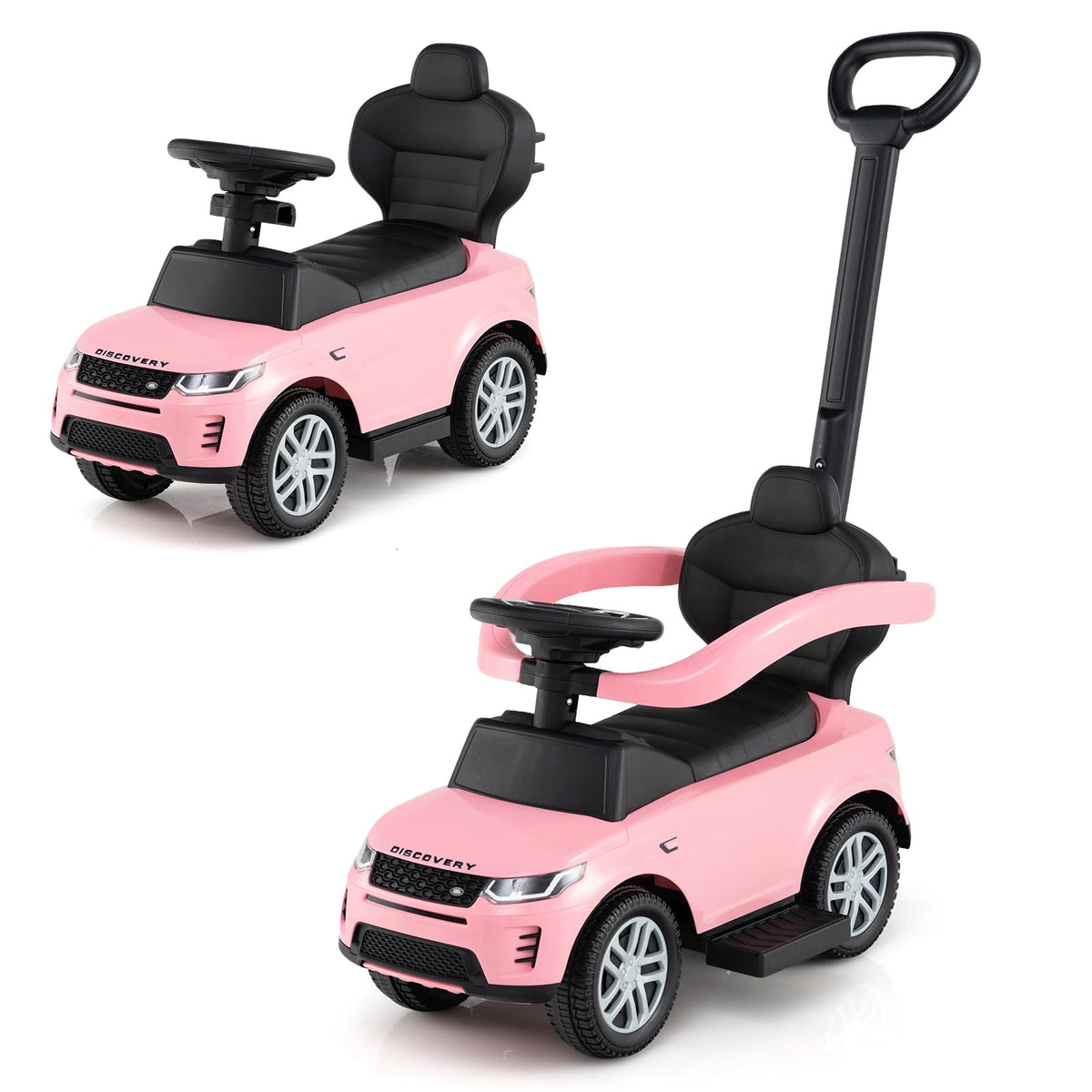 3 in 1 Push Car with Handle, Horn Sound, Underneath Storage, Armrest Guardrail, Foot-to-Floor Ride On Toy (Pink) H14718