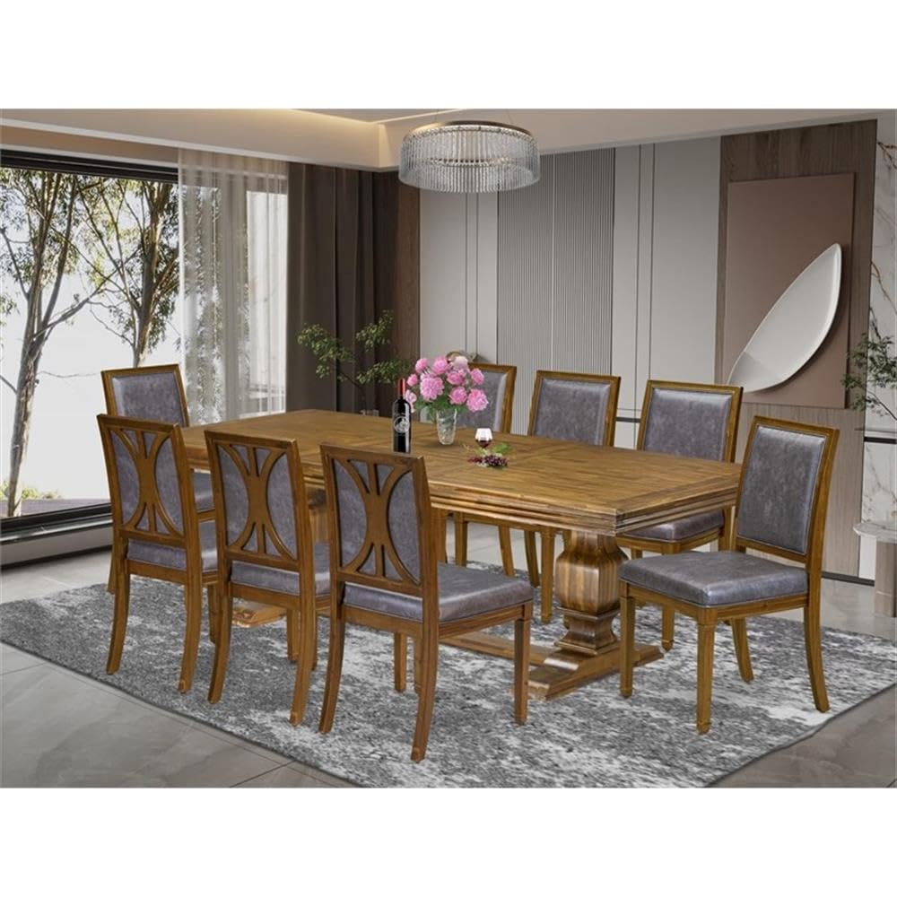 9-Piece Acacia Wood Dining Table Set with 8 Dark Grey PU Leather Chairs C154481