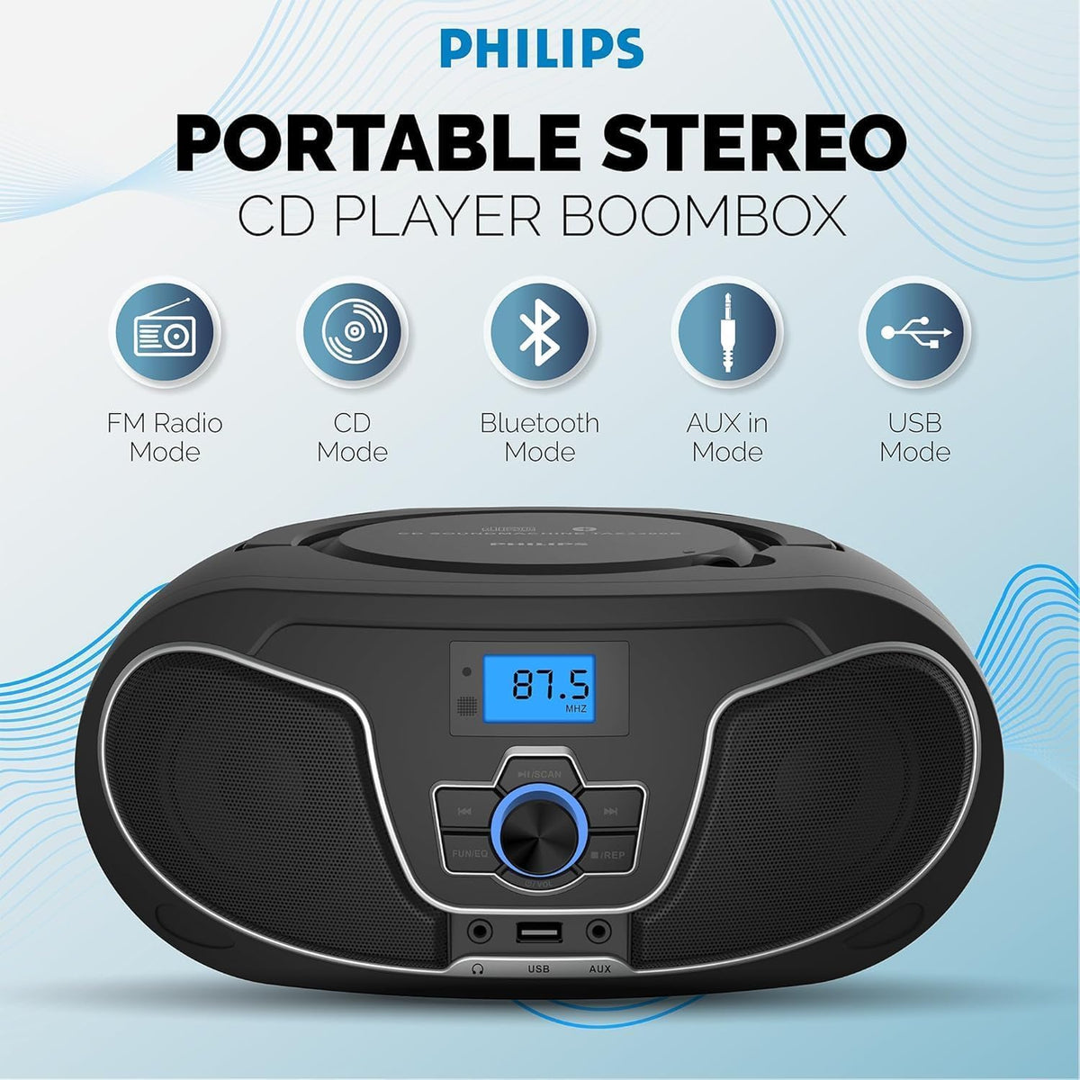 Portable CD Player Boombox with Bluetooth, FM Radio, USB Playback & AUX Input X4721