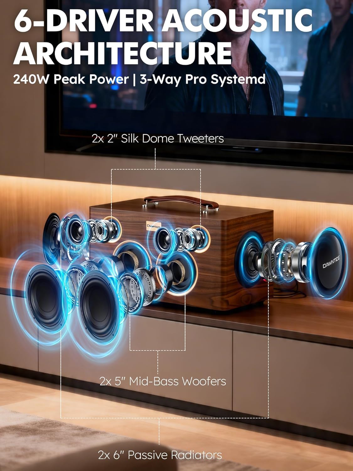 Portable Bluetooth Speaker 240W Peak Power Wooden Audio System R259577