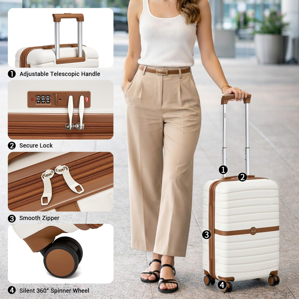 Expandable Carry On Luggage with Spinner Wheels, 20 Inch Hardshell Suitcase with Lock, White/Brown M42686