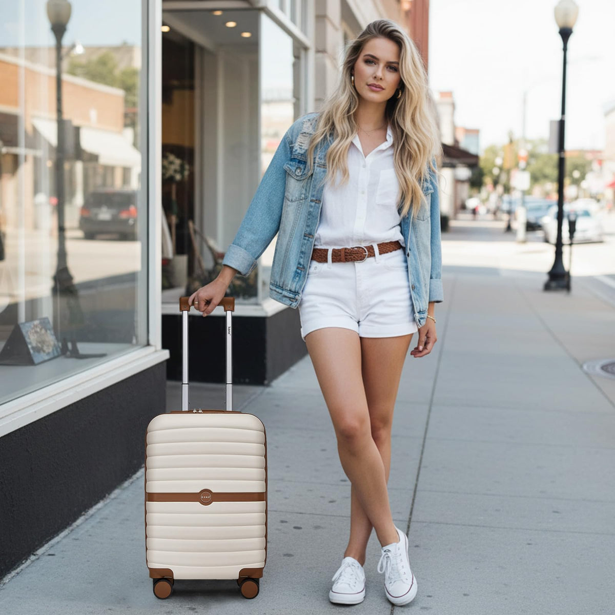 Expandable Carry On Luggage with Spinner Wheels, 20 Inch Hardshell Suitcase with Lock, White/Brown M42686