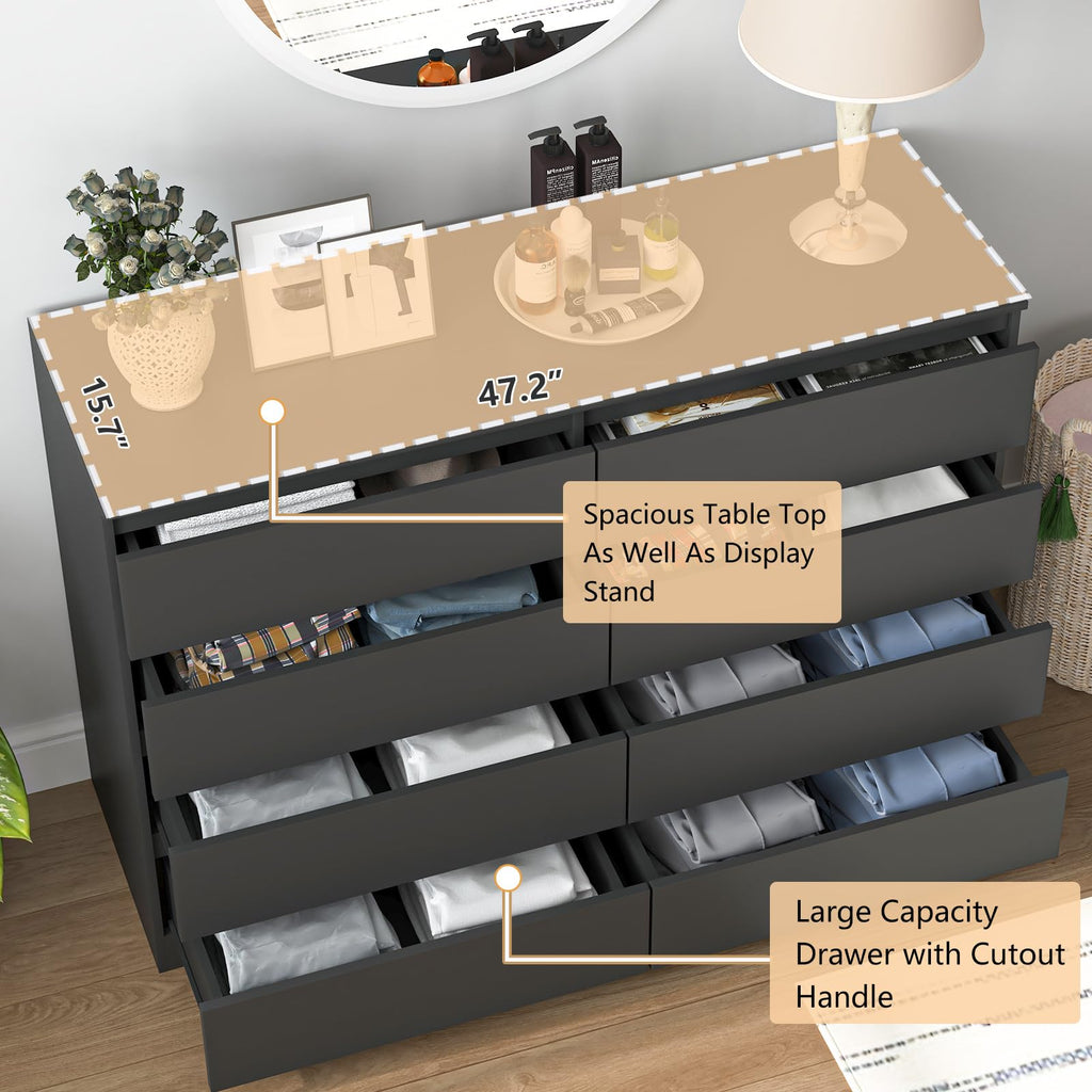 Black 8 Drawer Double Dresser L9728