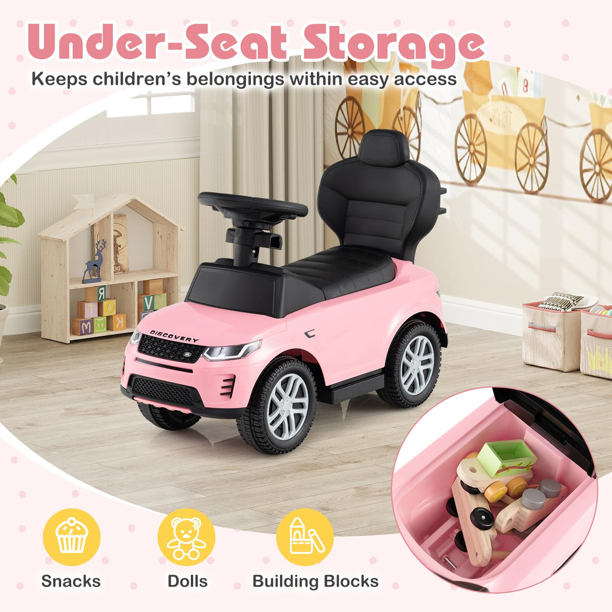 3 in 1 Push Car with Handle, Horn Sound, Underneath Storage, Armrest Guardrail, Foot-to-Floor Ride On Toy (Pink) H14718