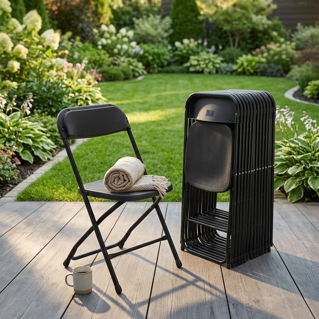 Folding Chairs Set of 10, 330lbs Heavy Duty Plastic Stackable Chairs, Portable Foldable Indoor Outdoor Chairs for Party, Camping, Patio & Events, Black I378544