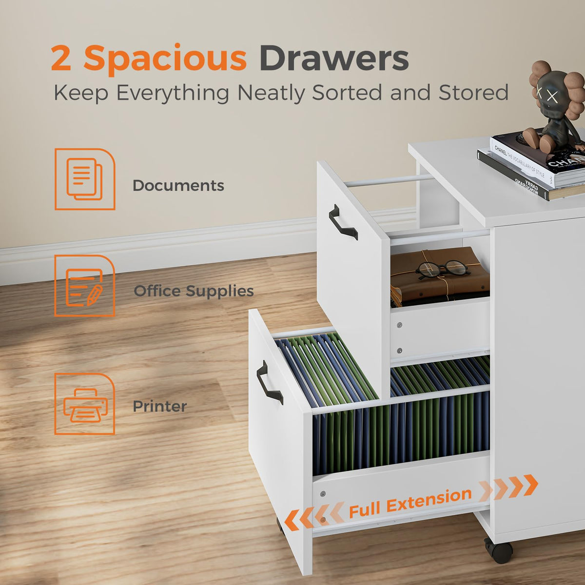 White 2 Drawer Rolling Wood File Cabinet C553487