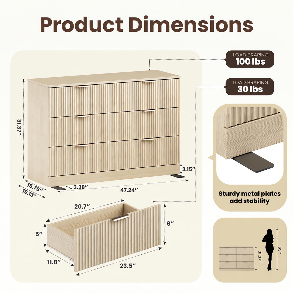Natural Wood 6 Drawer Dresser Y36951