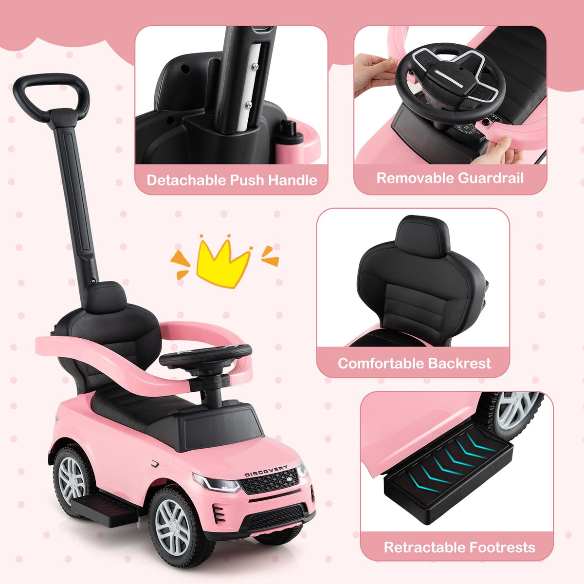 3 in 1 Push Car with Handle, Horn Sound, Underneath Storage, Armrest Guardrail, Foot-to-Floor Ride On Toy (Pink) H14718