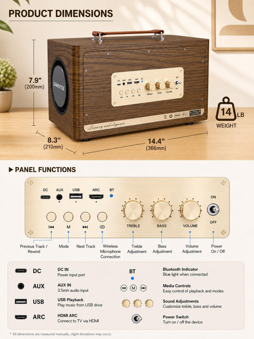 Portable Bluetooth Speaker 240W Peak Power Wooden Audio System R259577
