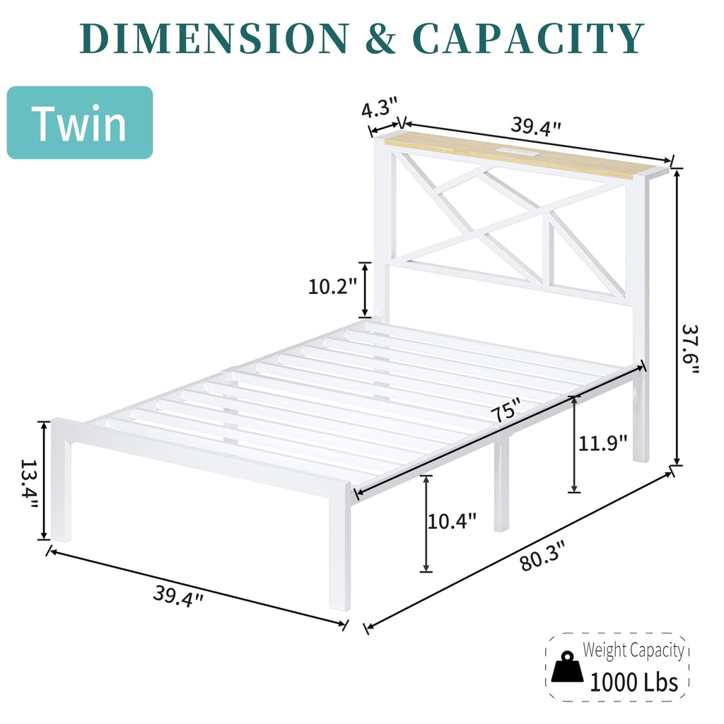 White Twin Metal Bed Frame with USB Charging Station N63376