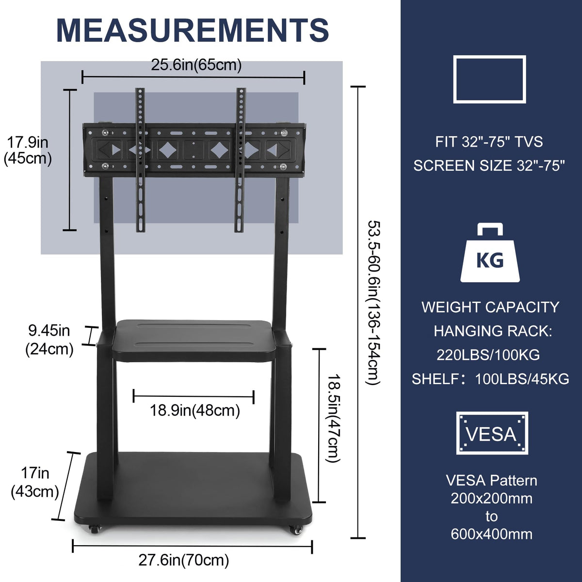 Rolling TV Stand with Wheels for 32-75 Inch Flat Panel Screens with Shelf D998