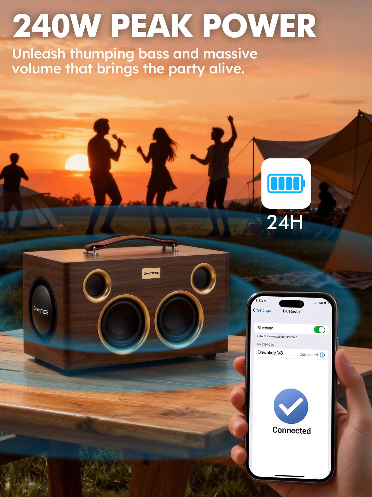 Portable Bluetooth Speaker 240W Peak Power Wooden Audio System R259577
