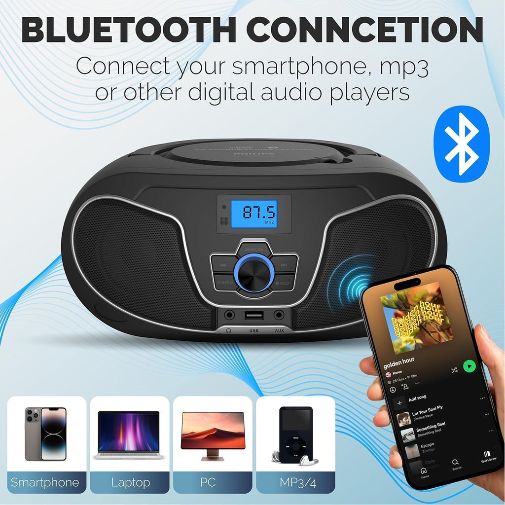 Portable CD Player Boombox with Bluetooth, FM Radio, USB Playback & AUX Input X4721