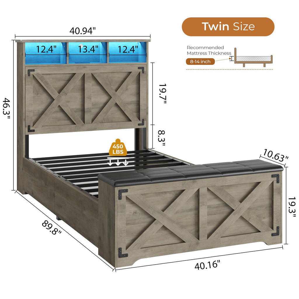 Oak Gray Wood Twin Size Bed Frame with Storage Headboard and Charging Station U9298