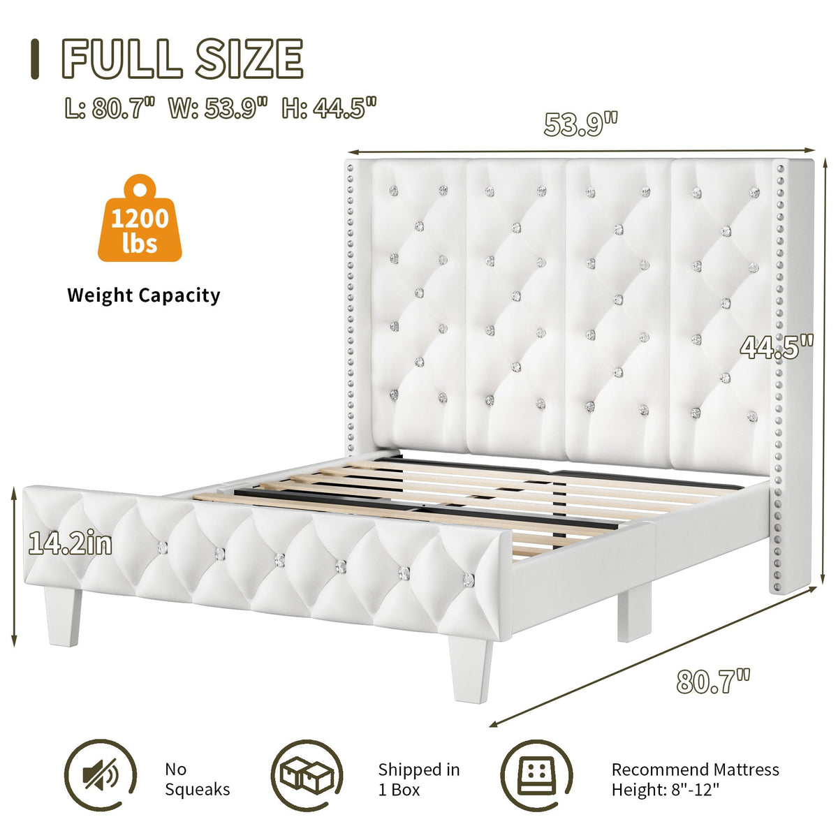White Upholstered Full Size Bed Frame with Headboard C48353