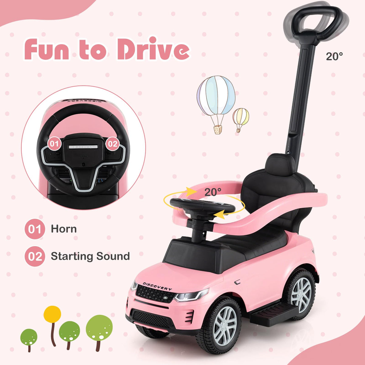 3 in 1 Push Car with Handle, Horn Sound, Underneath Storage, Armrest Guardrail, Foot-to-Floor Ride On Toy (Pink) H14718