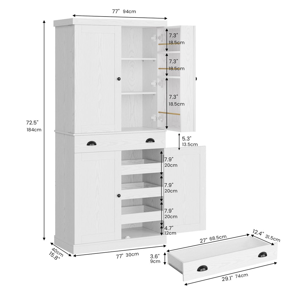 72" White Kitchen Pantry Cabinet with Drawer S701326