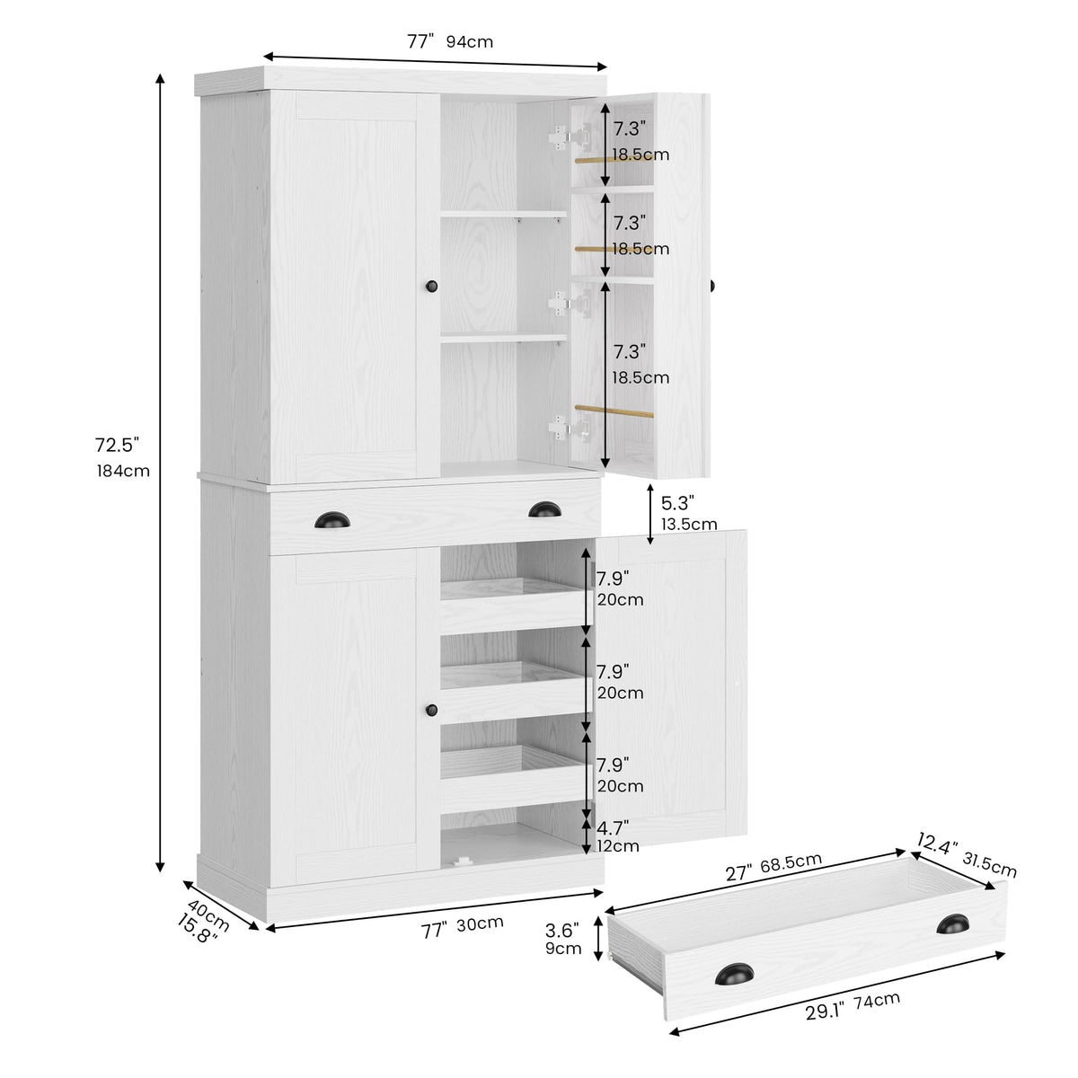 72" White Kitchen Pantry Cabinet with Drawer S701326