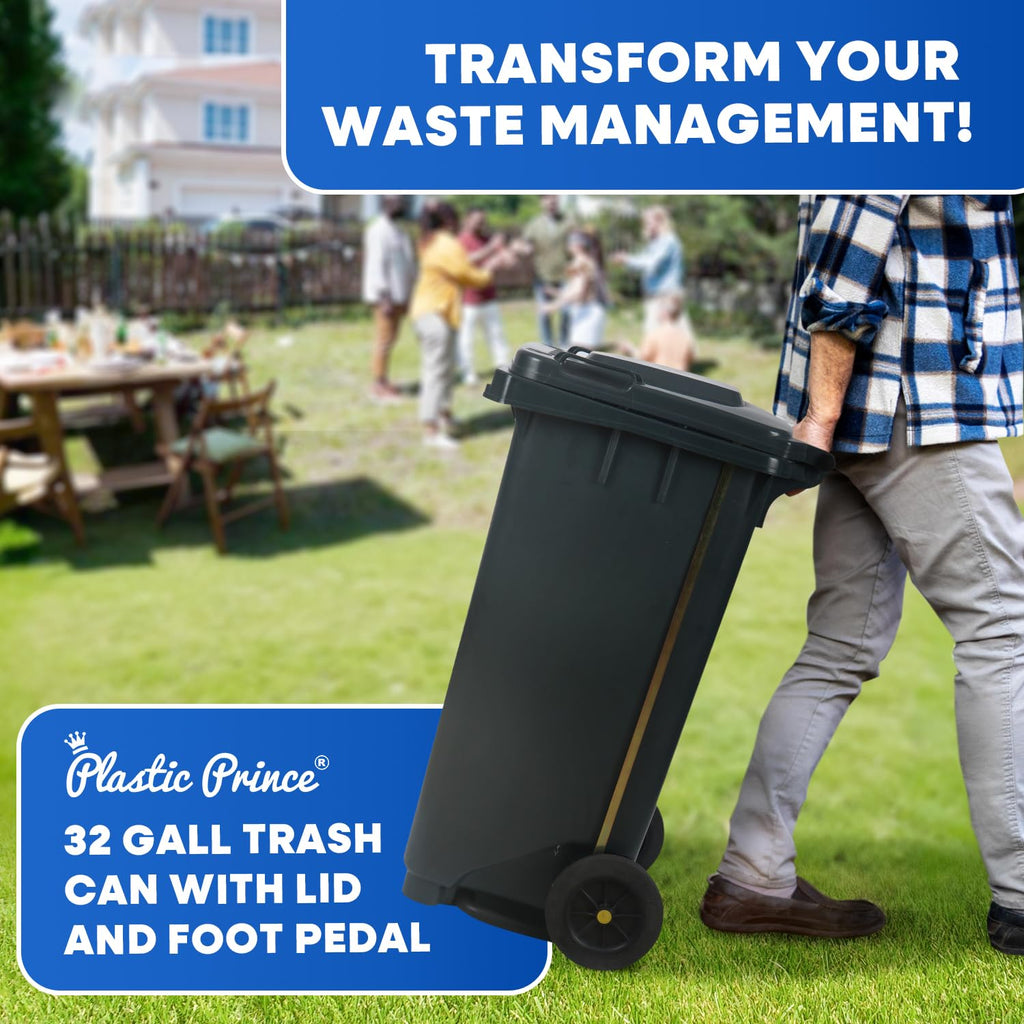 32 Gallon Plastic Trash Can with Wheels and Lid E534