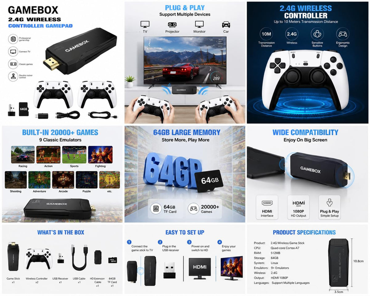 Wireless Retro Game Console 4K HDMI Stick with 2 Wireless Controllers L9489