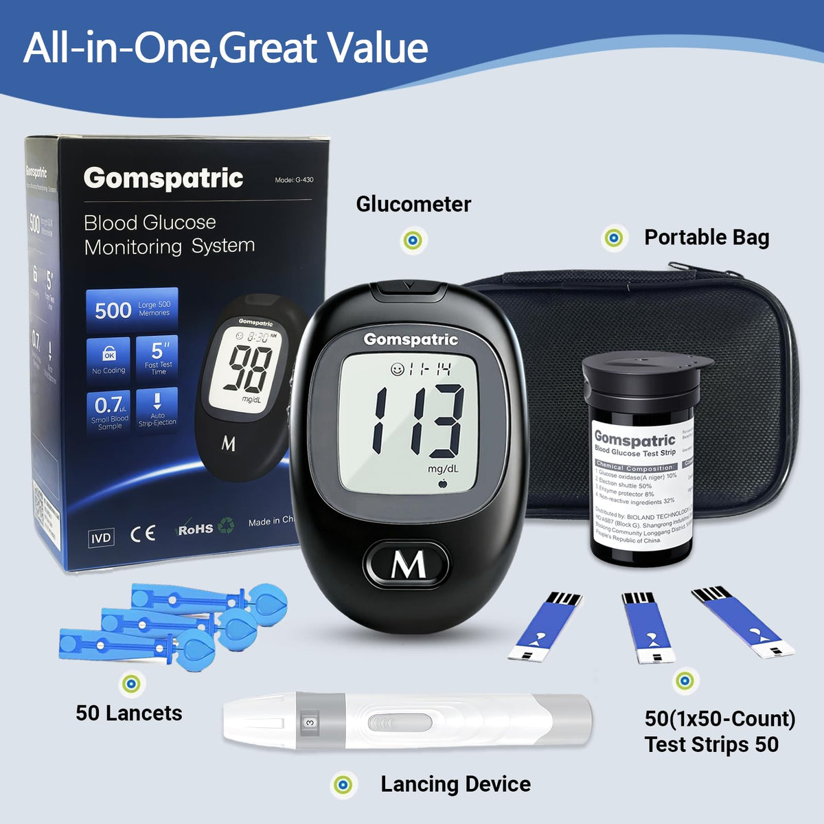 Blood Glucose Monitor Kit with 50 Test Strips and 50 Lancets F672