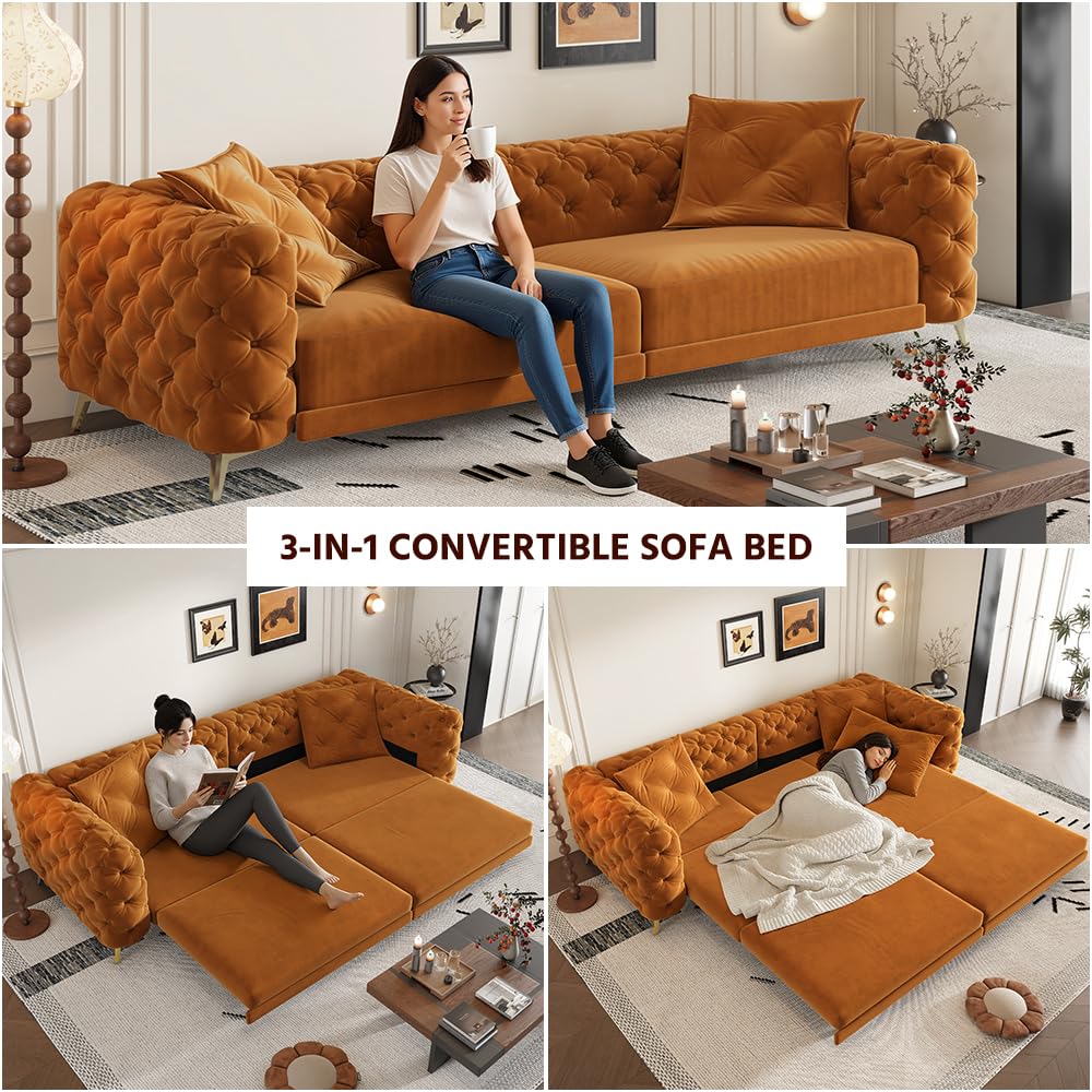 97.7" 3-in-1 Convertible Sleeper Sofa, Tufted Velvet Pull-Out Sofa Bed with Ottoman W580