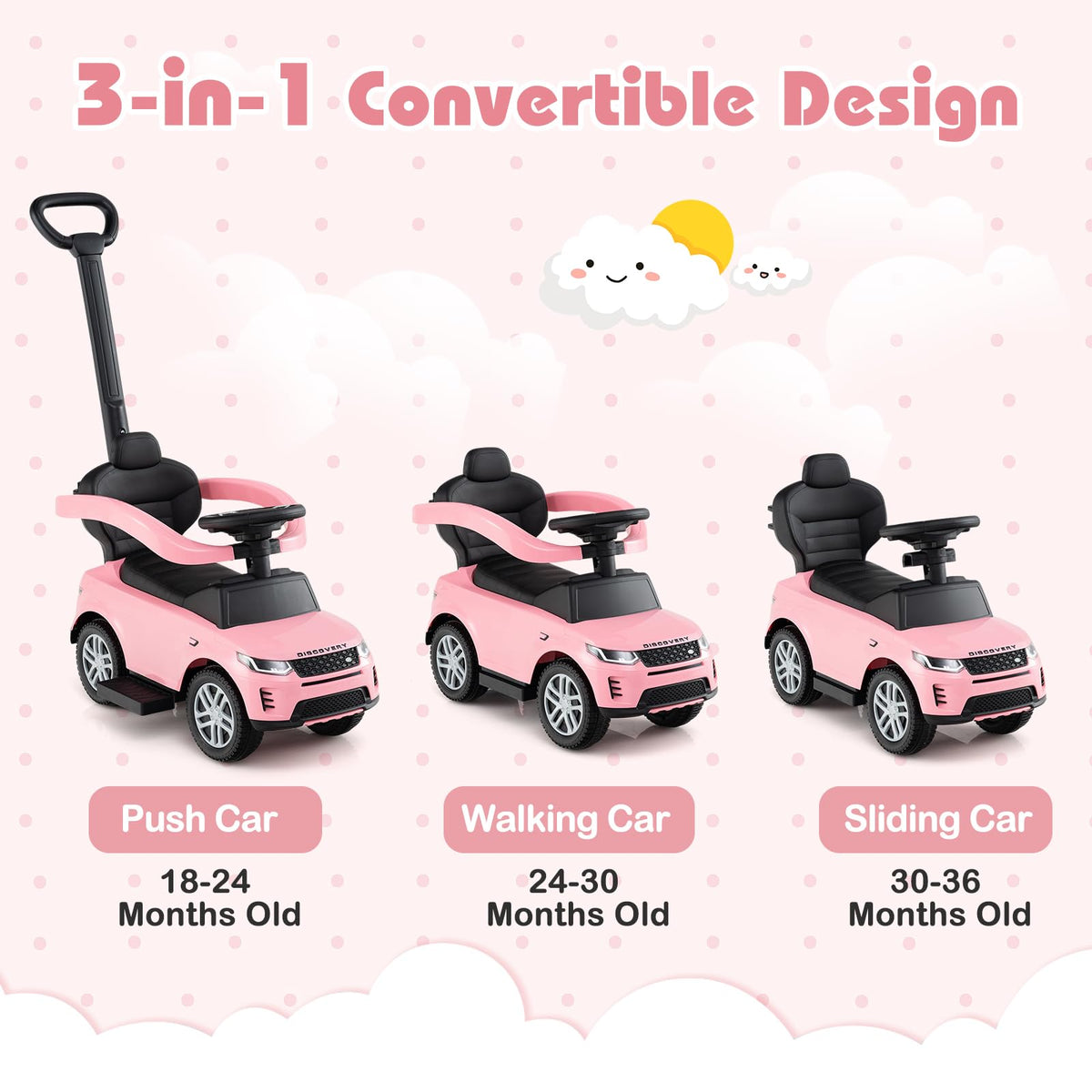 3 in 1 Push Car with Handle, Horn Sound, Underneath Storage, Armrest Guardrail, Foot-to-Floor Ride On Toy (Pink) H14718
