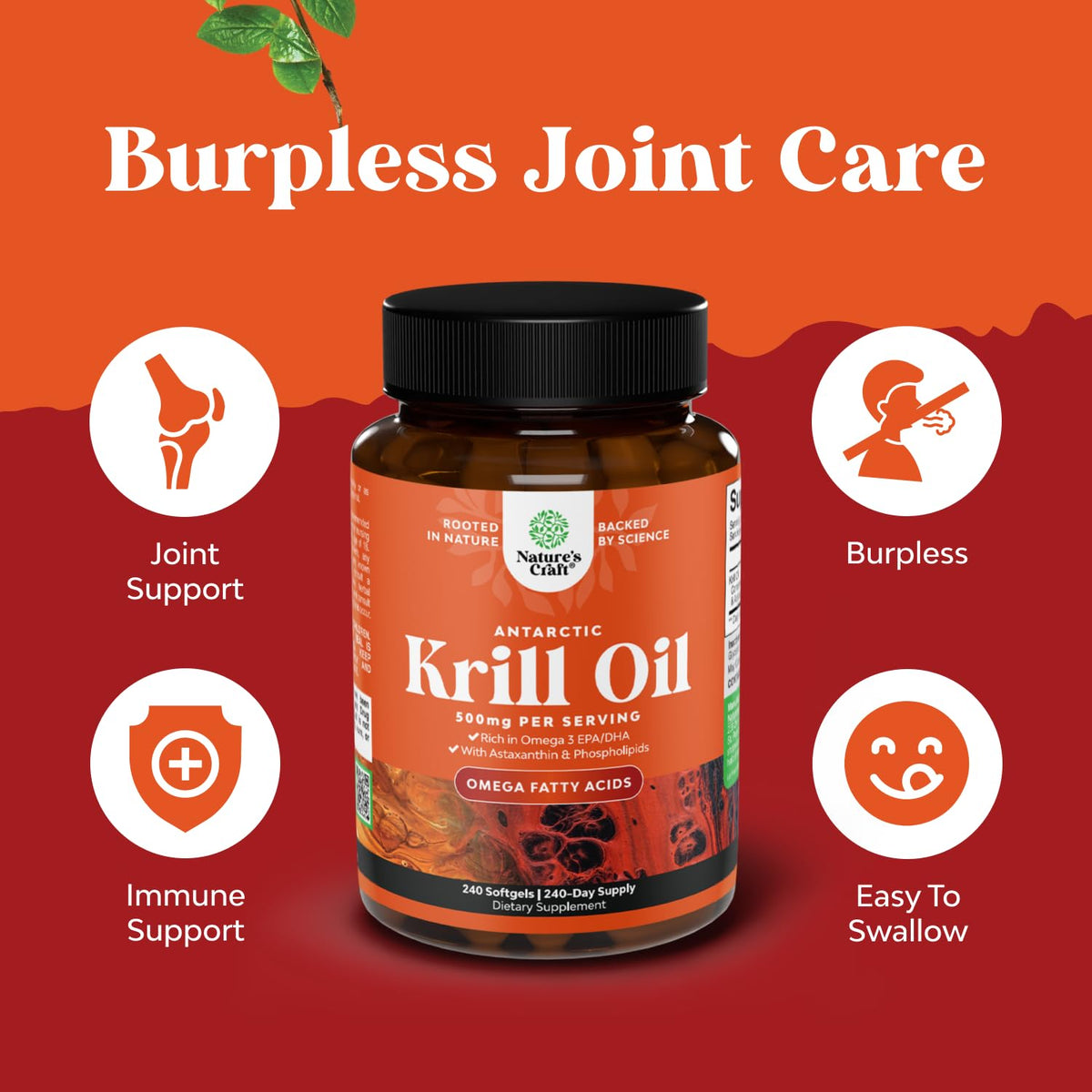 Krill Oil Softgels Omega 3 Supplement 240 Count E501
