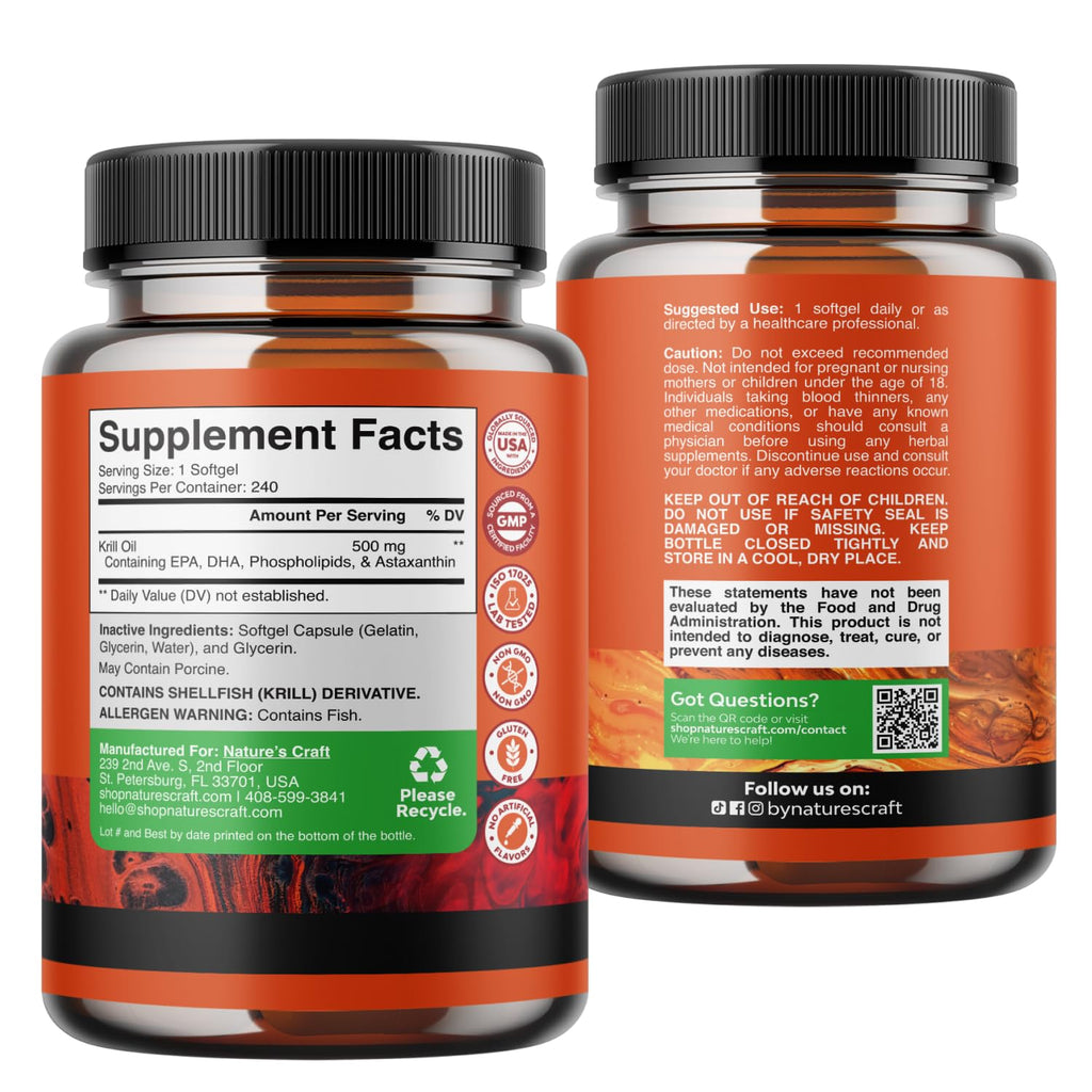 Krill Oil Softgels Omega 3 Supplement 240 Count E501