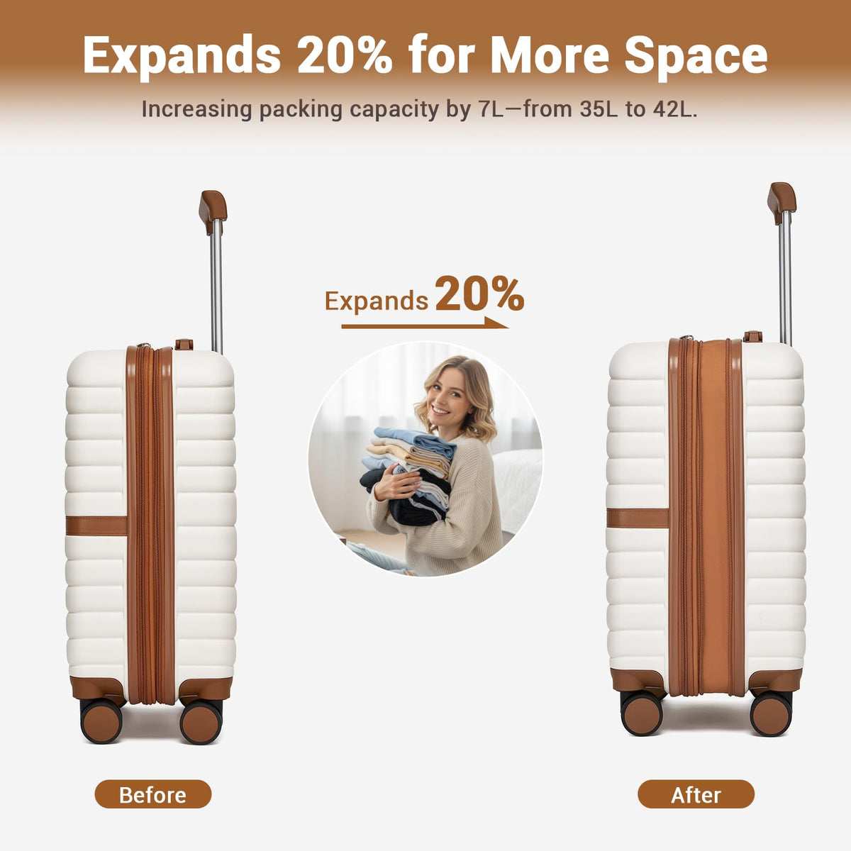 Expandable Carry On Luggage with Spinner Wheels, 20 Inch Hardshell Suitcase with Lock, White/Brown M42686