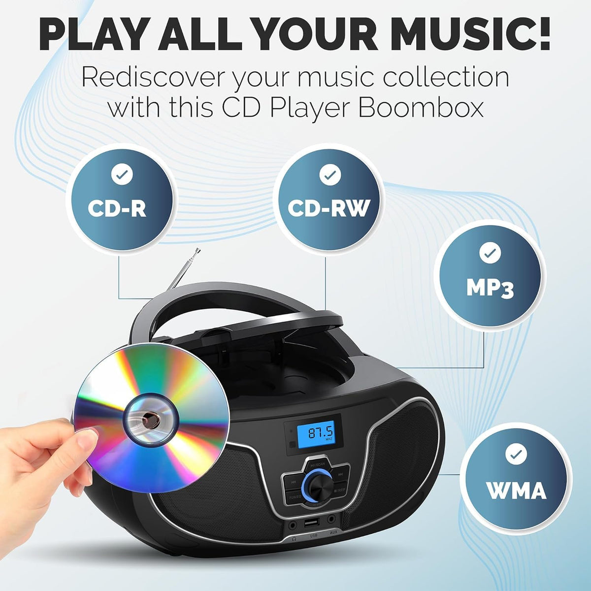 Portable CD Player Boombox with Bluetooth, FM Radio, USB Playback & AUX Input X4721