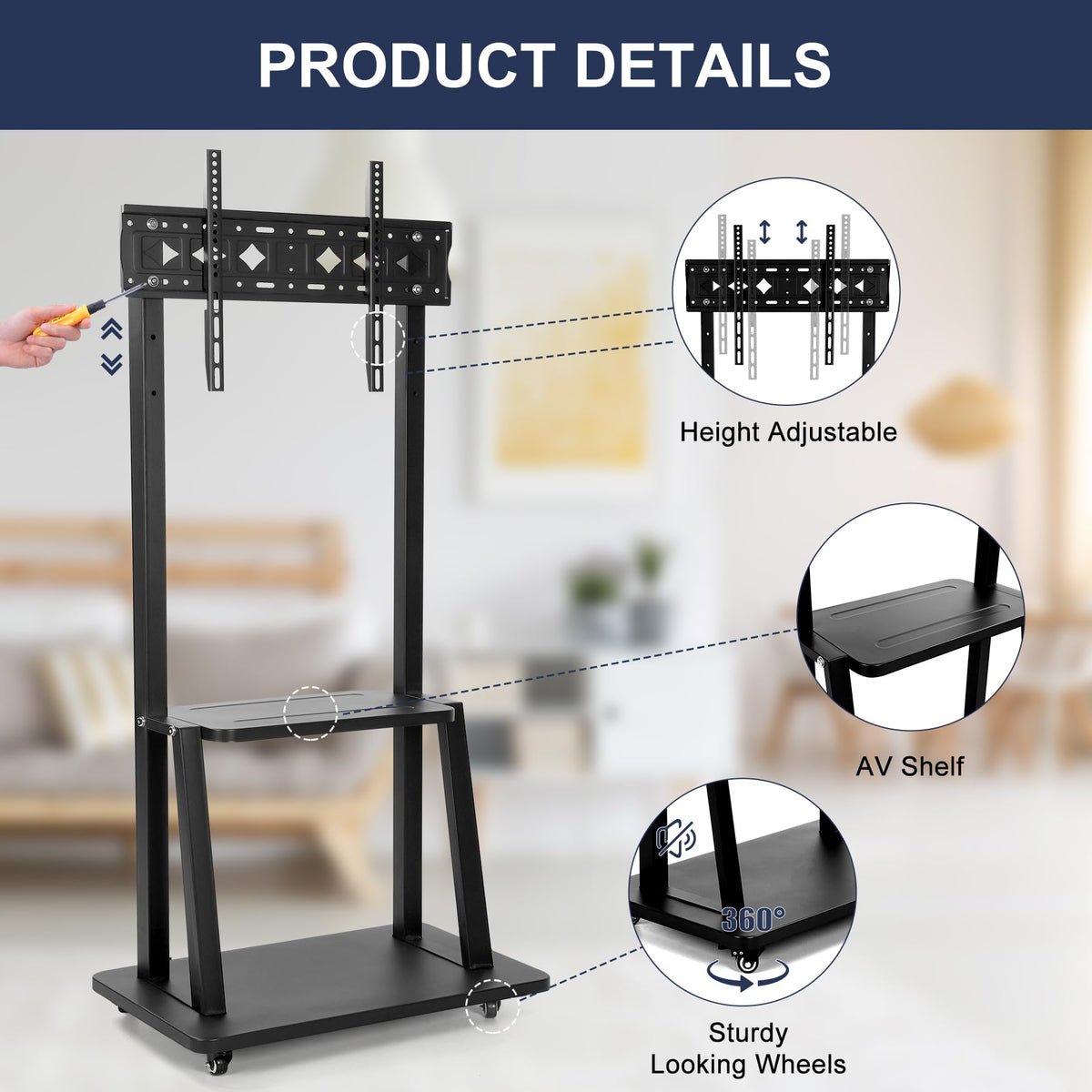 Rolling TV Stand with Wheels for 32-75 Inch Flat Panel Screens with Shelf D998