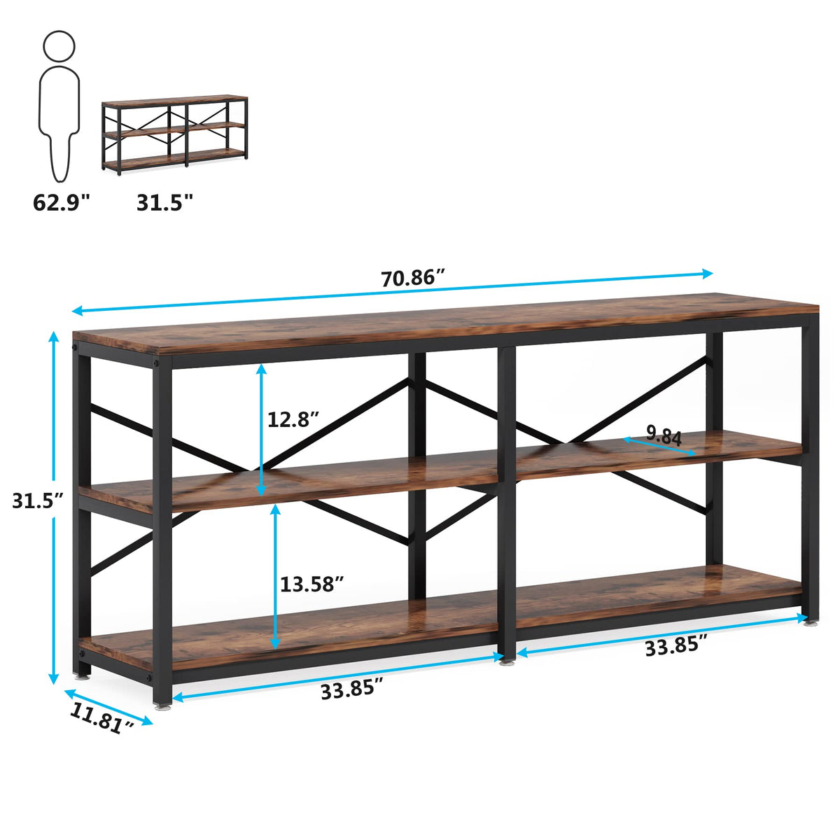 70.9 Inch 3-Tier Console Table with Storage Shelves R2895