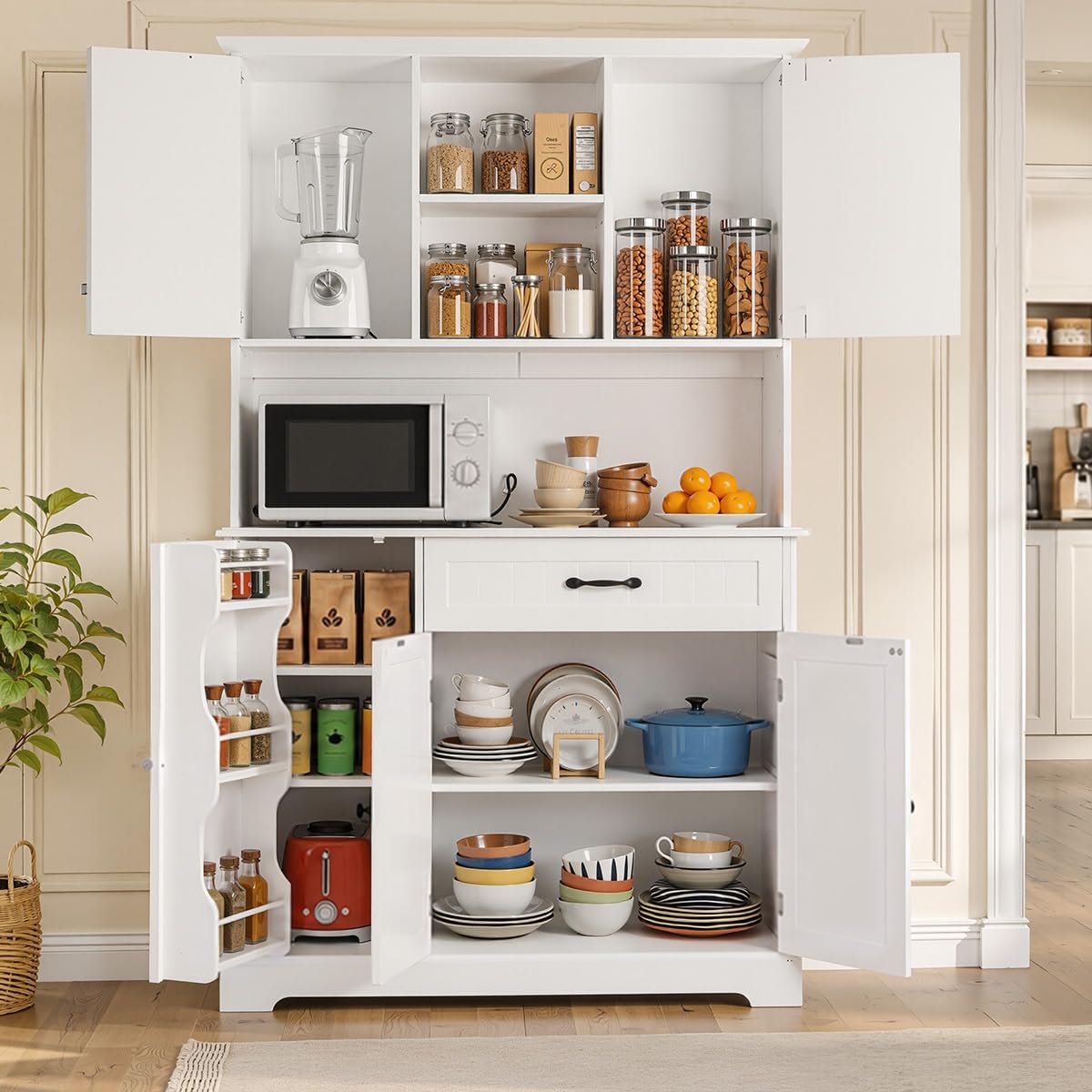 Tall White Kitchen Storage Cabinet with Door and Shelves X20724