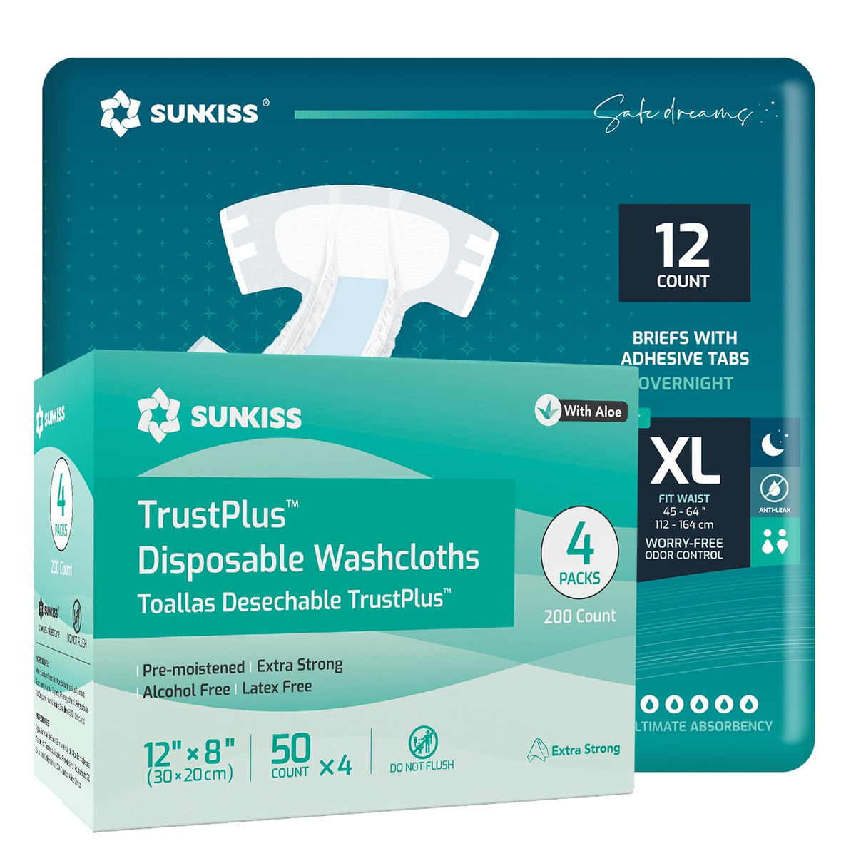 Adult Diapers XLarge 12 Count & Wet Wipes 200 Count Bundle K100
