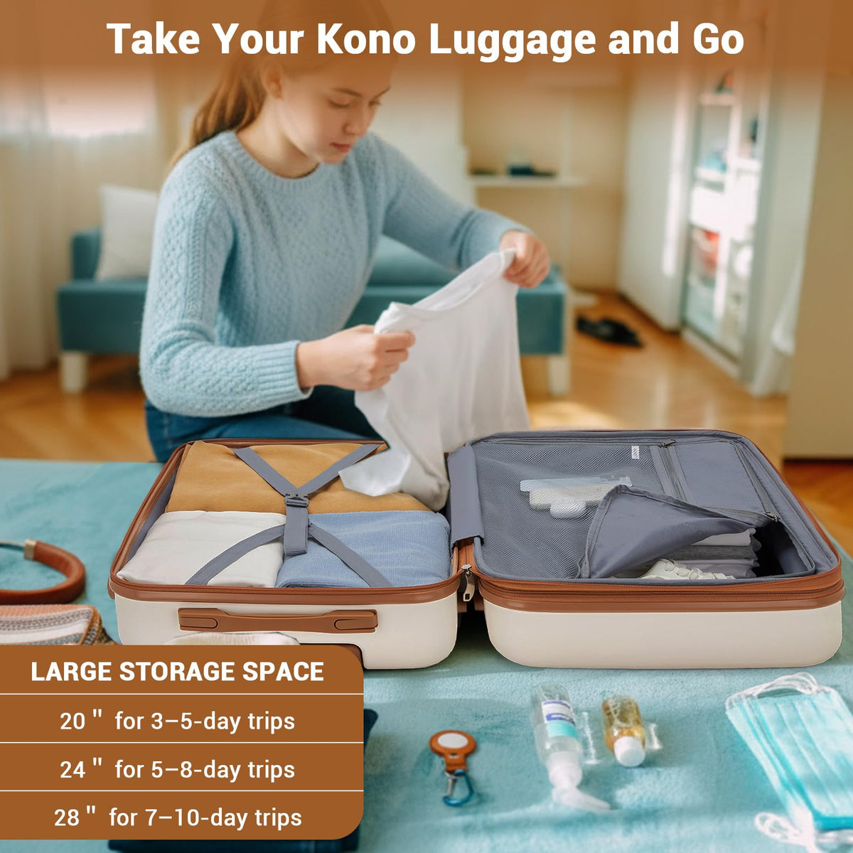 Expandable Carry On Luggage with Spinner Wheels, 20 Inch Hardshell Suitcase with Lock, White/Brown M42686