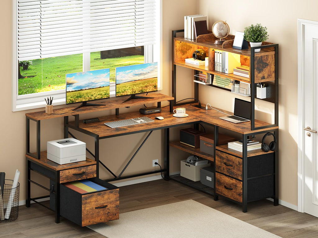 L Shaped Gaming Desk with Storage Drawers & Shelves B75500