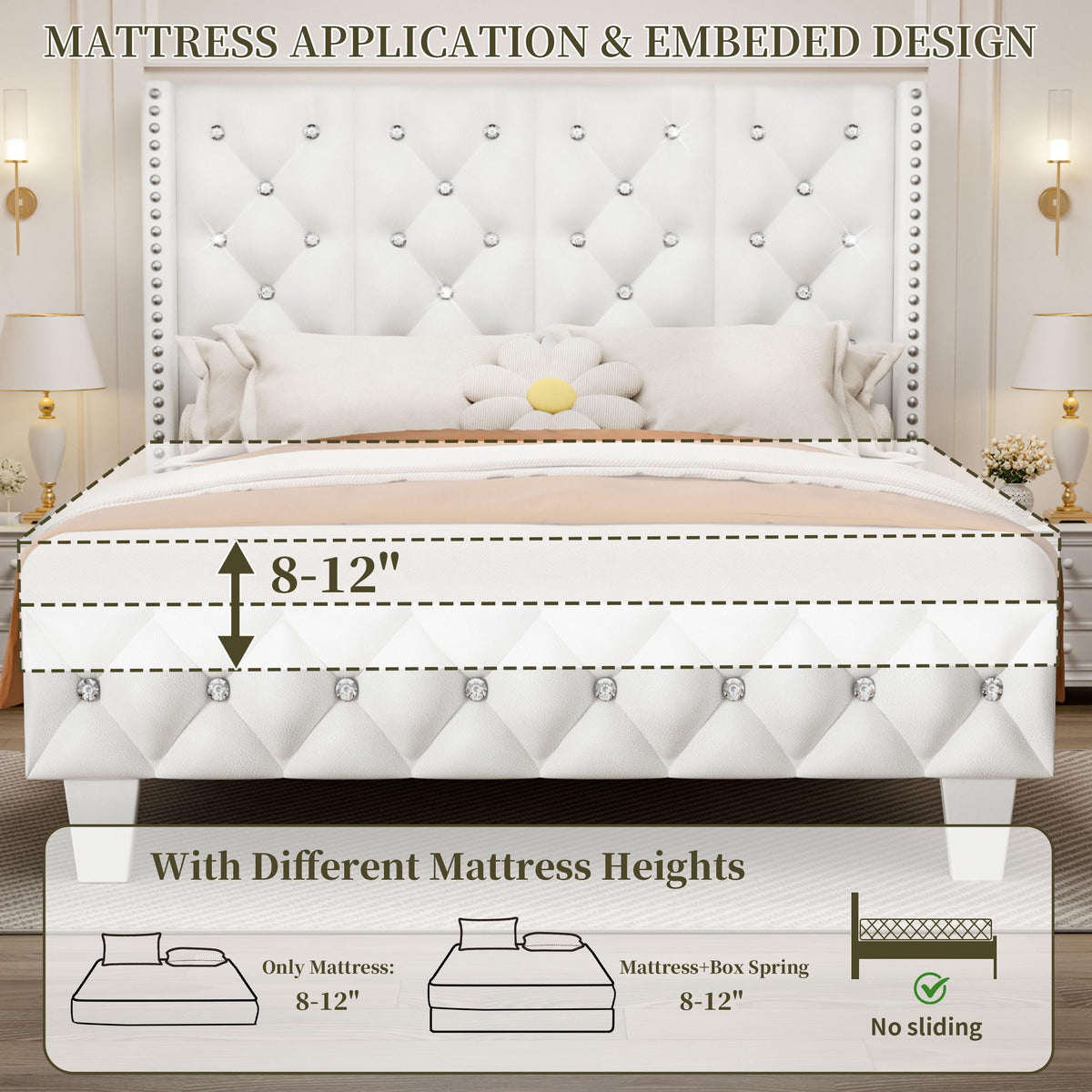 White Upholstered Full Size Bed Frame with Headboard C48353