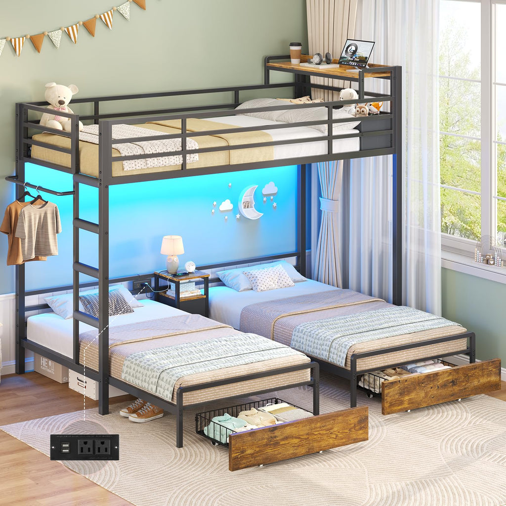 Black Twin Over Twin Triple Bunk Bed with Storage Drawers O3046