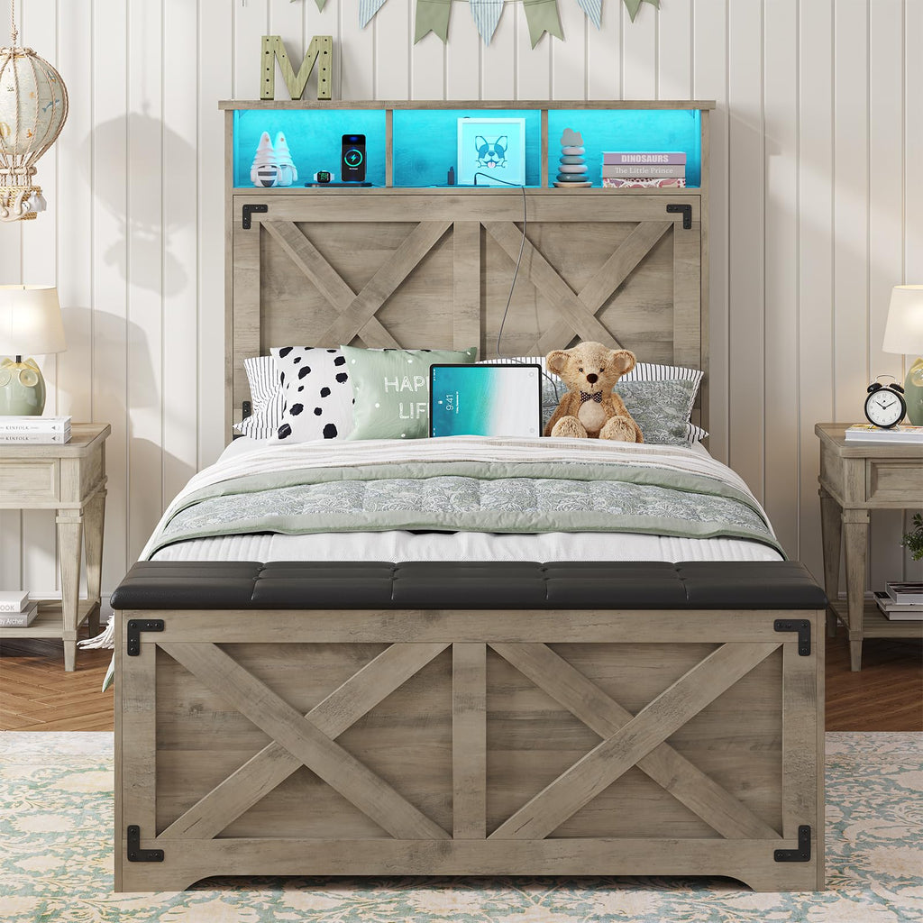 Oak Gray Wood Twin Size Bed Frame with Storage Headboard and Charging Station U9298