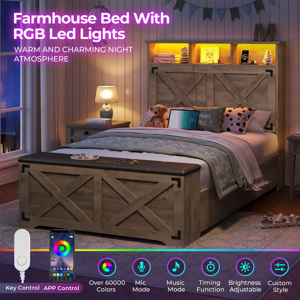 Oak Gray Wood Twin Size Bed Frame with Storage Headboard and Charging Station U9298