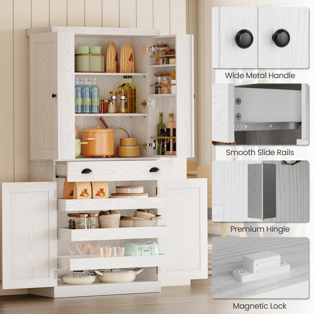 72" White Kitchen Pantry Cabinet with Drawer S701326