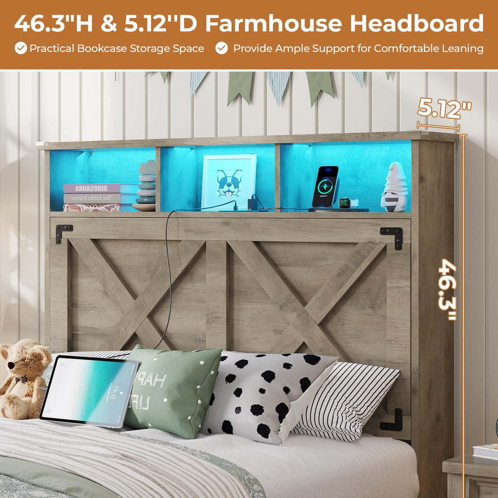 Oak Gray Wood Twin Size Bed Frame with Storage Headboard and Charging Station U9298
