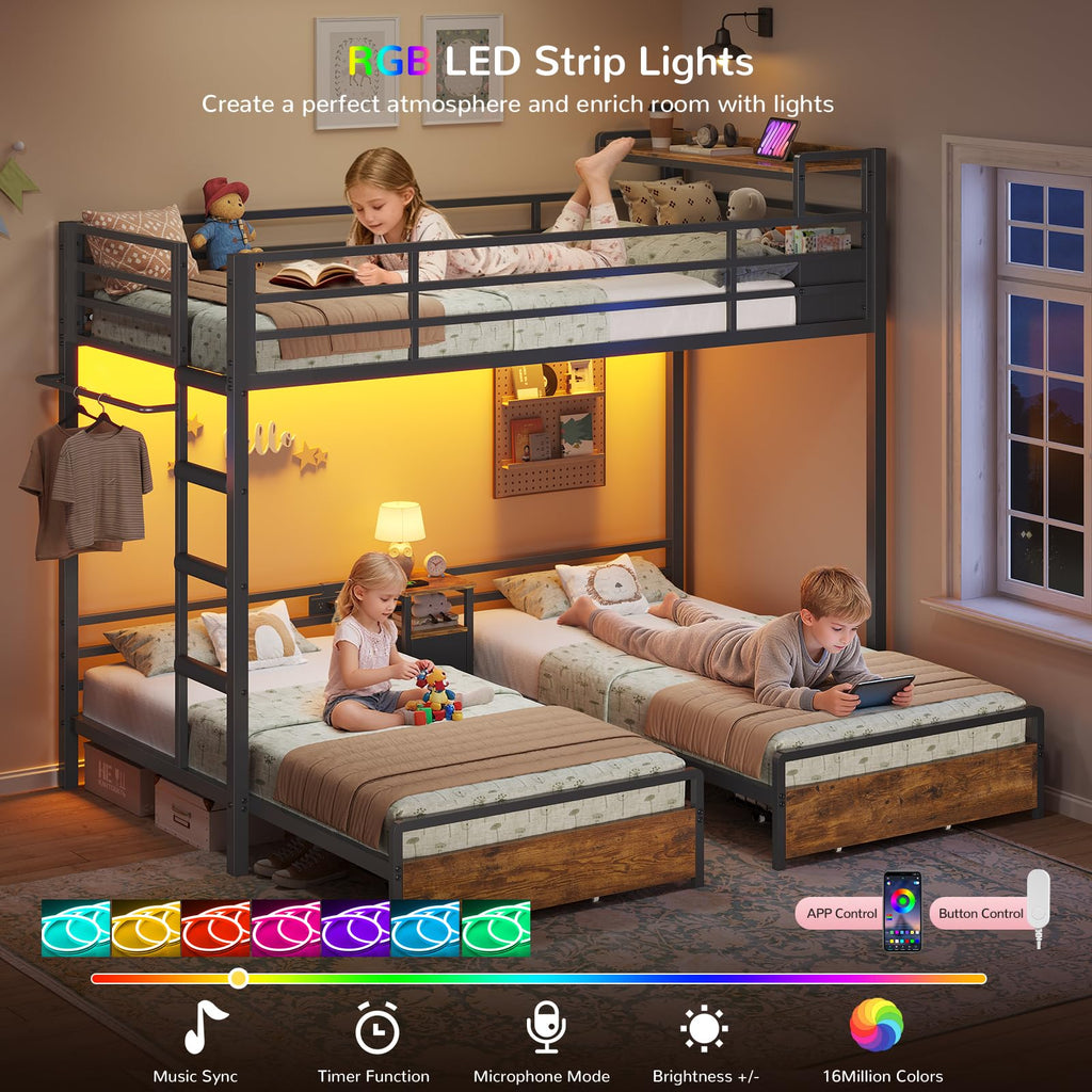 Black Twin Over Twin Triple Bunk Bed with Storage Drawers O3046