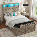 Oak Gray Wood Twin Size Bed Frame with Storage Headboard and Charging Station U9298