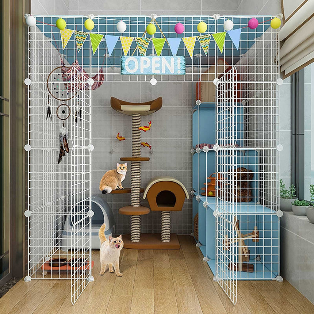 Large Cat Cage Indoor Cat Playpen Detachable Metal Cat Kennels with Ramp Ladders Hammock and Bed Black K201